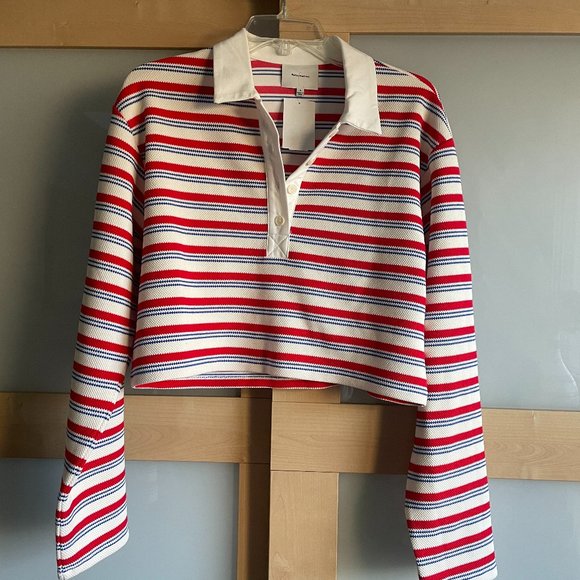 Reformation Anna Rugby Polo Shirt Striped Cropped Red Blue Long Sleeve NEW - Picture 2 of 5